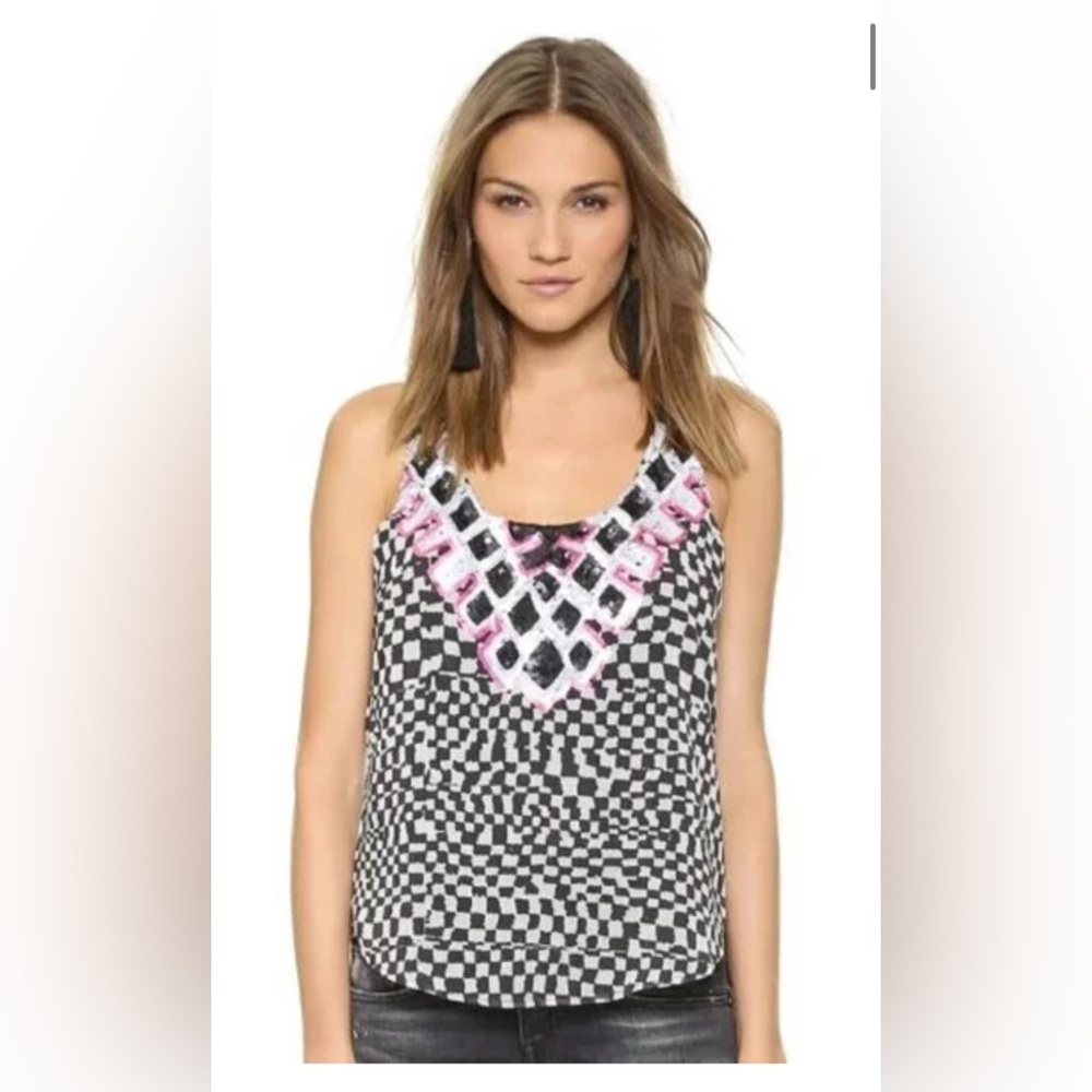 Mara Hoffman Checkered Sequin Black and White Tank Top with Pink Accents, Small